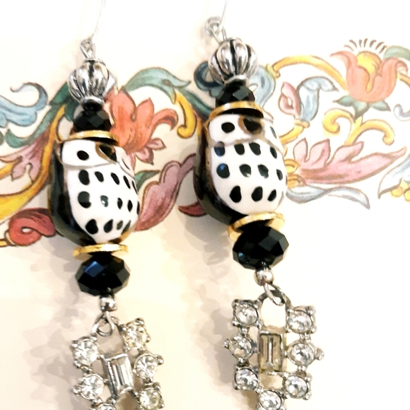 Ceramic Owl & Vintage Rhinestone Drop Earrings NWT - Picture 2 of 9